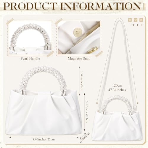 Liliaafar 4 Pcs Evening Clutch Purse with Pearl Jewelry Sets,Clutch Bag Pearl Earrings Necklace Bracelet for Wedding Party - color: White, style: Leather Ruched