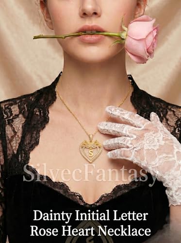 14K Gold Initial Letter Rose Heart Pendant Necklace for Women, Anniversary Birthday Jewelry Gifts for Wife Mom Grandma Sister Daughter, I Love You for Always And Forever - style: 14K Gold-S