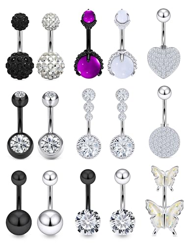 Vsnnsns 14G Belly Button Ring Piercing Jewelry 316L Stainless Surgical Steel Heart CZ Pearl Butterfly Flower Navel Rings Dangle Belly Button Ring Navel Piercing Jewelry for Women Men Hypoallergenic - color: Silver&Black B