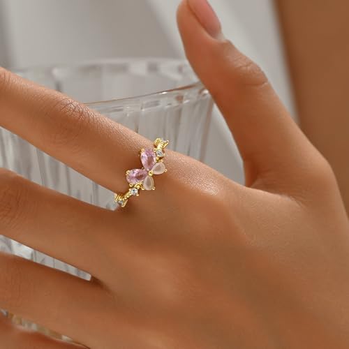 Adjustable Rings for Women 18K Gold Plated daisy Flower Butterfly Ball Cubic Zirconia Rings Dainty Open Stacking Ring - color: Pink Butterfly-Gold