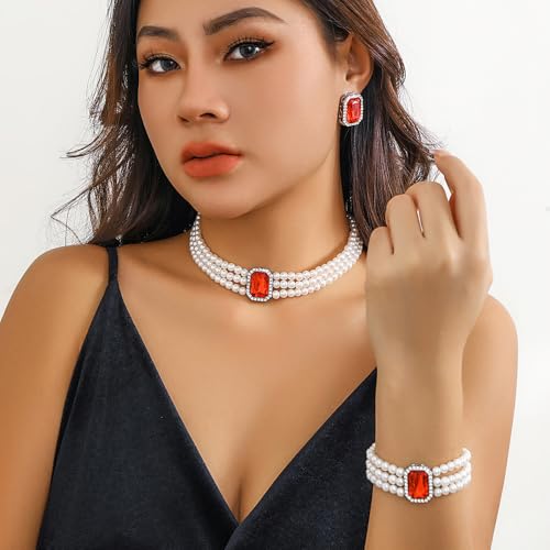 Wekicic Faux Pearl Necklace Earrings Set for Women Crystal Pearl Choker Necklace Bracelet Set 1920s Jewelry for Wedding Party - color: Red