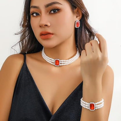 Wekicic Faux Pearl Necklace Earrings Set for Women Crystal Pearl Choker Necklace Bracelet Set 1920s Jewelry for Wedding Party - color: Red