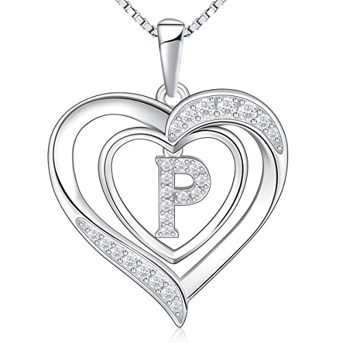 RIVIKO Heart Initial Necklace for Women, 925 Sterling Silver Letter Pendant,Personalized Charm Alphabet Jewelry Valentines Mother's Day Anniversary Christmas Birthday Gifts for Women Her Mom Wife - color: Letter-P