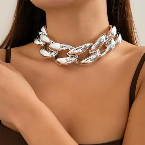 Chunky Gold Chain Necklace for Women Big Chunky Choker Necklace Gold Cuban Link Chain Necklaces Punk Hip-Hop Necklaces Costume Jewelry Gift - color: Silver01