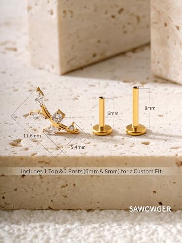 16G Titanium Flat Back Earrings for Women Conch/Helix/Foward Helix/Tragus/Hypoallergenic Piercing Jewelry Internal Thread Cartilage Stud Gold Silver CZ Branch Earrings - color: Gold-For Wearer Right Ear