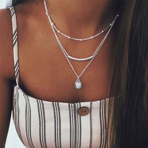 HUASAI Boho Necklaces for Women Dainty Layered Choker Necklace Bohemian Turquoise Necklace Statement Jewelry Western Cowgirl Country Concert Outfits Accessories - color: C Silver Layered Beaded Moonstone Necklace