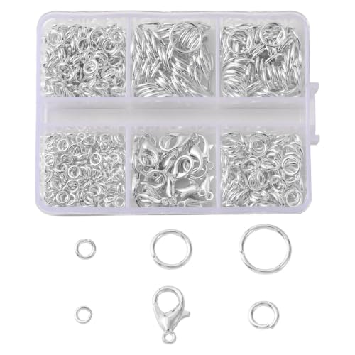 Jewelry Making Findings Kit with Jump Rings and Lobster Clasps, Silvery | Complete Silvery Jewelry Findings Kit with 5 Size Open Jump Rings, Lobster Clasps and Box for DIY Crafts, Repair, Beading - color: Silver