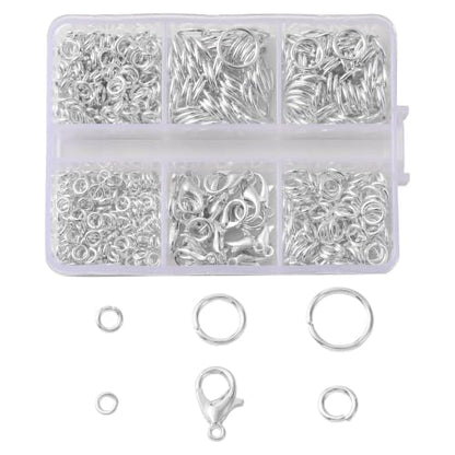 Jewelry Making Findings Kit with Jump Rings and Lobster Clasps, Silvery | Complete Silvery Jewelry Findings Kit with 5 Size Open Jump Rings, Lobster Clasps and Box for DIY Crafts, Repair, Beading - color: Silver