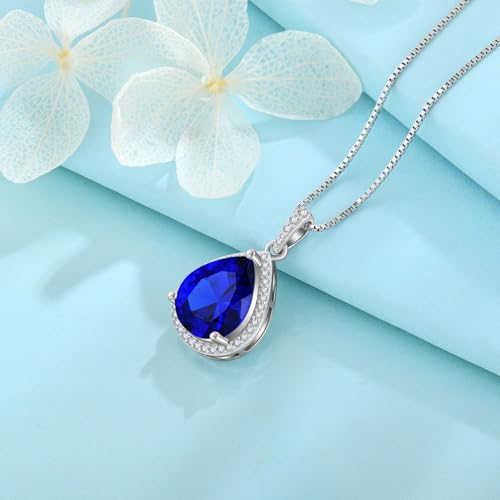 FJ Teardrop Pendant Necklace 925 Sterling Silver Birthstone Jewelry for Women - color: 09 September-Sapphire