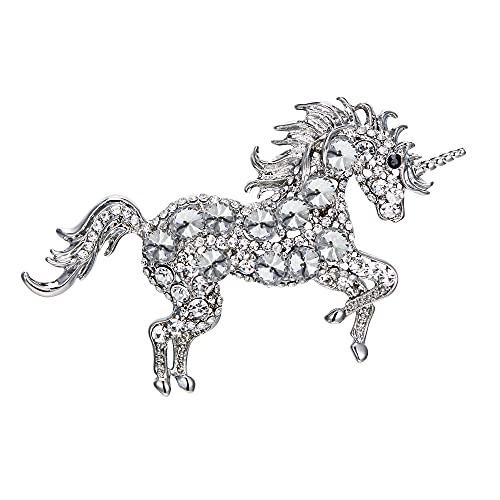 EVER FAITH Women's Austrian Crystal Running Unicorn Brooch - color: Clear Silver-Tone