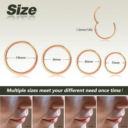 4/5/8 pcs 16G/18G/20G 316L Surgical Steel Hinged Nose Rings Hoops Lip Septum Rings Helix Conch Rook Cartilage Tragus Earrings Piercing Jewelry Black Silver Gold Plated Nose Rings Women Men - color: Rose gold-18G(7mm-10mm)-4PCs