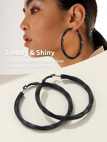 FindChic Twisted Hoop Earrings for Women, Silver/Black/14K Gold Plated Hypoallergenic Hollow Tube Rounded Loop Earrings, 30mm/40mm/60mm/80mm Hoops with Custom Name Options and Gift Box - color: a.Black, size: 60MM