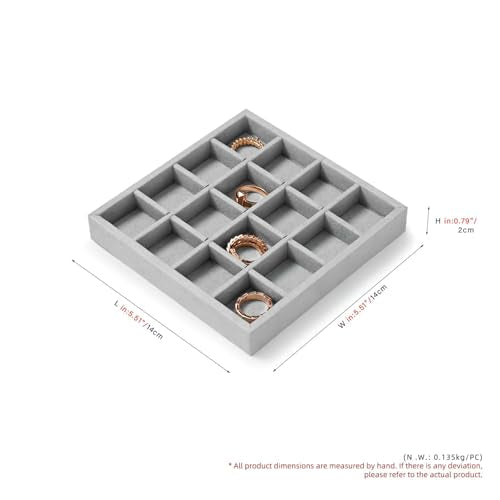 Microfiber 16 Grids Stackable Jewelry Display Trays Showcase | Jewelry Organizer Storage Trays Gray - size: 5.49" x 5.52" x 0.78"