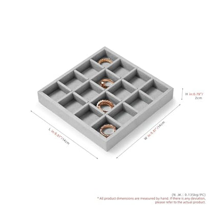 Microfiber 16 Grids Stackable Jewelry Display Trays Showcase | Jewelry Organizer Storage Trays Gray - size: 5.49" x 5.52" x 0.78"