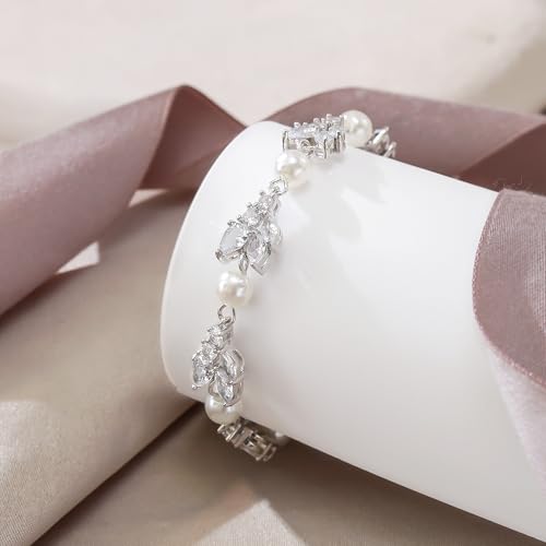 EVER FAITH Gorgeous Cubic Zirconia Pearl Wedding Link Bracelet for Bride | Marquise Teardrop Crystal Bridal Prom Jewelry, for Women Bridesmaids - style: Cluster_Clear Silver-Tone
