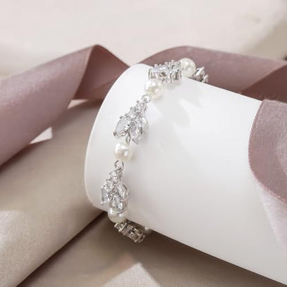 EVER FAITH Gorgeous Cubic Zirconia Pearl Wedding Link Bracelet for Bride | Marquise Teardrop Crystal Bridal Prom Jewelry, for Women Bridesmaids - style: Cluster_Clear Silver-Tone