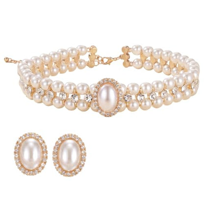 White Bead Necklace and Earring Vintage Gold Pearl Necklace Choker with Rhinestone Adjustable Faux Pearl Costume Jewelry Set for Wedding Bridal Birthday Tea Party
