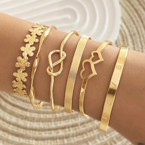 IFKM Gold Bangle Bracelets For Women, 14k Gold Plated Multi Layer Stackable Cuff Bracelet Set, Trendy Elegance Charms Non Tarnish Minimalist Textured Boho Jewelry Gift for Women - style: 6pcs LOVE Flower