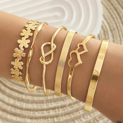 IFKM Gold Bangle Bracelets For Women, 14k Gold Plated Multi Layer Stackable Cuff Bracelet Set, Trendy Elegance Charms Non Tarnish Minimalist Textured Boho Jewelry Gift for Women - style: 6pcs LOVE Flower