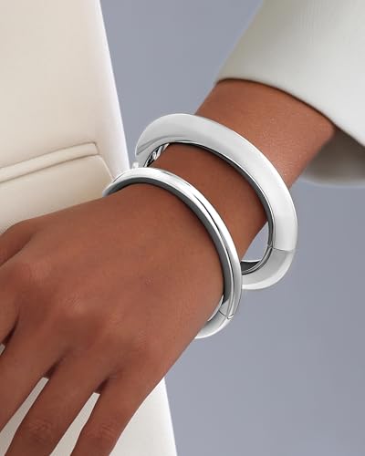 2pcs Gold Bangle Bracelets for Women, Trendy Hinged Cuff Open Wide Chunky Gold Bracelet Stack Arm Cuff Jewelry for Women - color: I-Silver Bangle