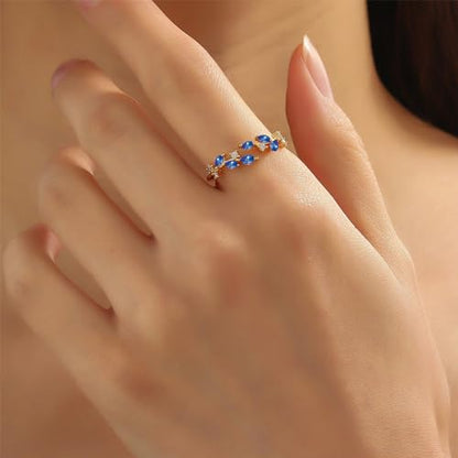 Gold Rings Non Tarnish Silver Adjustable Rings for Women Cubic Zirconia Leaf Ring Dainty Silver Stackable Ring for Women - style: blue