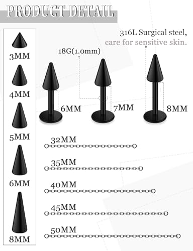 20G 18G 16G Flat Back Earrings Nose Rings Studs Chain Piercing Surgical Steel Spike Lip Nose Rings Stud Snake Bite Tragus Helix Conch Cartilage Earrings Piercing Jewelry For Women Men - color: Black, size: 18 Gauge
