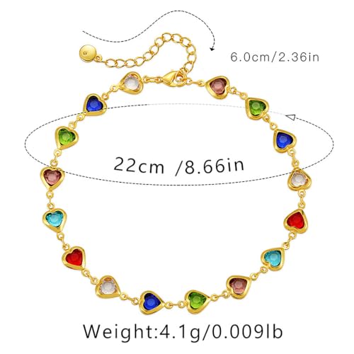 Ankle Bracelets for Women 18K Gold Plated Anklet for Women Gold Charm Anklet Waterproof Summer Beach Foot Chain Jewelry Gifts - style: ﻿heart colorful cubic zirconia