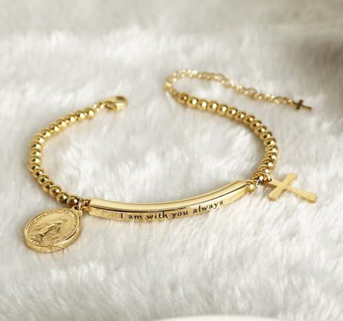 DS Inspirational Bracelet for Women Christian Engraved Bibler Verse Cross Butterfly Daisies Charm Bracelet, Exquisite Stainless Steel Jewelry Daughter Best Friend Bestie - style: I am with you always-Gold