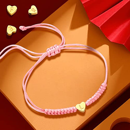 Dainty Gold Heart Love Charm Initial Bracelet Black Pink Red String Rope Letter Bracelet for Women Men Christmas Gift - color: Pink
