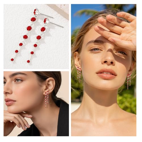 2 Pairs Long Diamond Dangle Tassel Earrings for Women | 14K Gold Silver Plated, Dainty Diamond Crystal Drop Earring, Small Cz Statement Dangly, for Wedding Bridesmaid, Jewelry Gifts - color: 2 Pairs Silver-Red