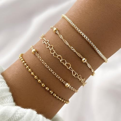 IFKM Gold Bracelets for Women, 14K Gold Plated Dainty Link Chain Bracelet set, Trendy Stackable Layered Bracelets jewelry Gifts - style: 5pcs Gold