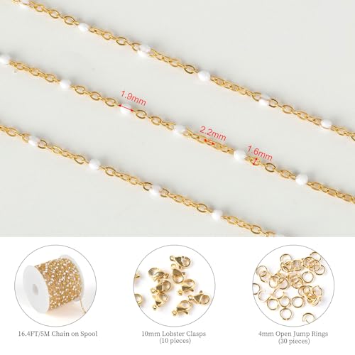 KYUNHOO 16.4 Feet/5M Stainless Steel Enamel Beaded Chain for Jewelry Making | Gold Plated Bulk Necklace Thin Cable Link With Findings for DIY Craft
