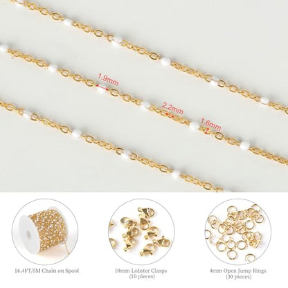 KYUNHOO 16.4 Feet/5M Stainless Steel Enamel Beaded Chain for Jewelry Making | Gold Plated Bulk Necklace Thin Cable Link With Findings for DIY Craft