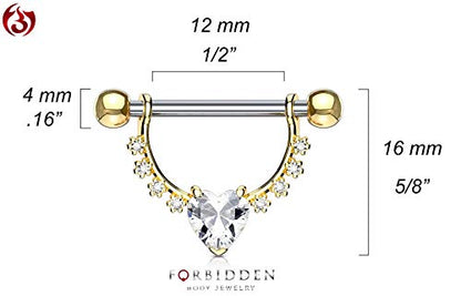 Forbidden Body Jewelry Pair of Surgical Steel 1/2 Inch (12mm) D-Ring Style CZ Heart Dangle Nipple Barbells - color: Clear (Gold Tone)