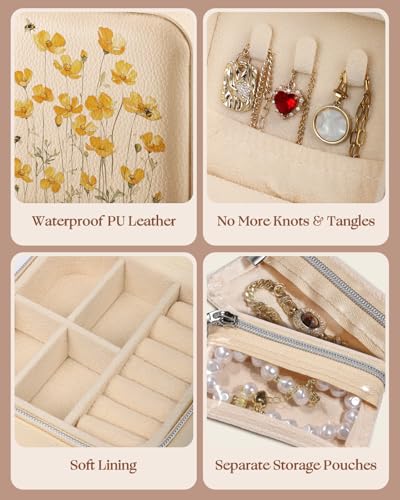Bistup Travel Jewelry Case - Small Jewelry Organizers and Storage Box for Women Girls Teens Cute Traveling Jewelry Holder with Mirror Little Tiny Compact Yellow Flower Pretty Modern Unique Aesthetic - style: Yellow Daisy