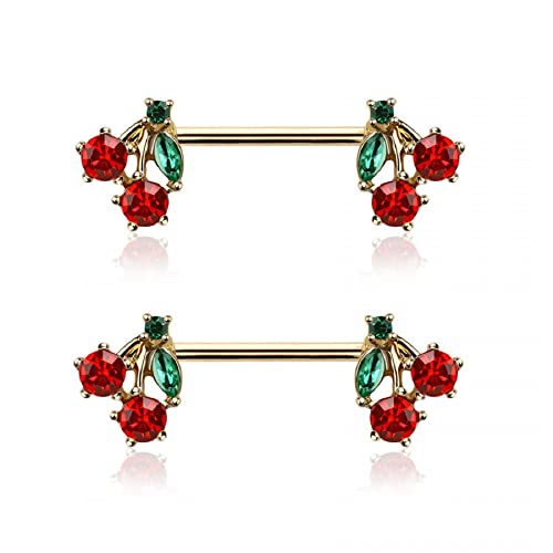 Pierced Owl 14GA 316L Stainless Steel CZ Crystal Red Cherry Ends Nipple Barbells, Sold as a Pair - style: Gold Tone