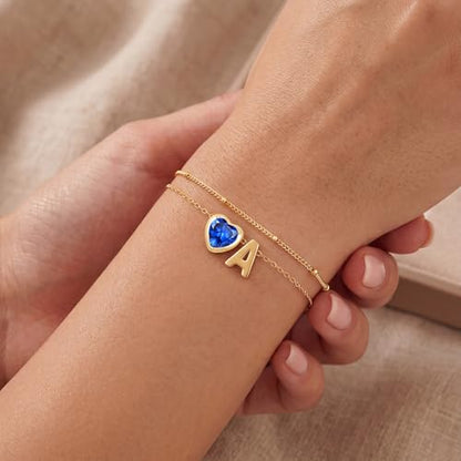 14K Gold Plated Heart Initial Birthstone Gold Bracelets for Women | Dainty Heart Letter A-Z Charm Layered Bracelets Birthday Trendy Jewelry Gifts for Women - color: F