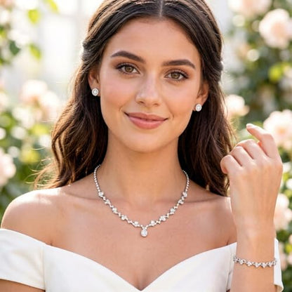 Silver Tennis Necklace and Bracelet Set for Women Wedding Jewelry Sets for Brides Earrings Prom Bridesmaid Jewelry - color: Silver03