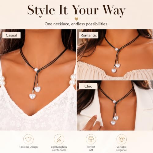 A Bohemian Style Heart Faux Pearl Leather Cord Necklace Y Drop Necklace Black Leather Wrap Choker Necklace Gothic Tie Up Necklace Chain Jewelry for Women
