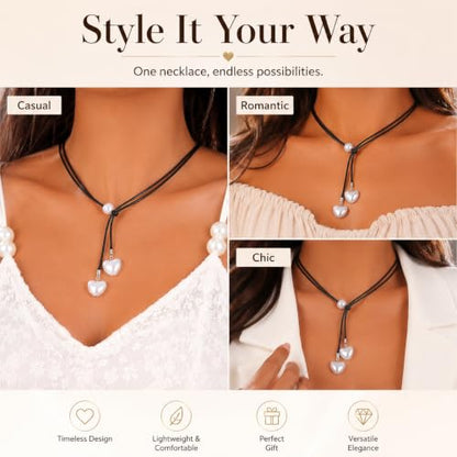 A Bohemian Style Heart Faux Pearl Leather Cord Necklace Y Drop Necklace Black Leather Wrap Choker Necklace Gothic Tie Up Necklace Chain Jewelry for Women