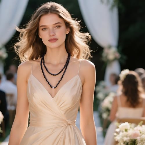 Long Pearl Necklace for Women Dainty Zircon Bead Pearl Necklace Layered Faux Pearls Necklaces Long Wedding Long Pearl Necklace Delicate Jewelry for Brides - color: Black-C