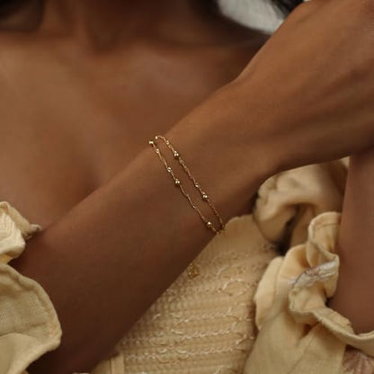 SLOONG 14K Gold Plated Pearl Bracelets for Women Trendy | Dainty Stackable Layered Chain Bridesmaid Bracelets, Waterproof Wedding Jewelry for Women Adjustable 6"+2" - color: Style7(Ripple Chain)