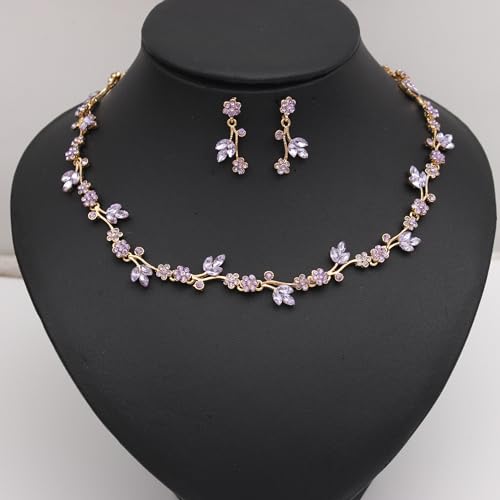 Brides Bridesmaid Flower Leaf Choker Necklace Dangle Earrings Link Bracelet Austrian Crystal Wedding Jewelry Set for Prom Costume Party Accessories for Woman - color: Violet-Gold Plated
