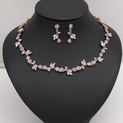 Brides Bridesmaid Flower Leaf Choker Necklace Dangle Earrings Link Bracelet Austrian Crystal Wedding Jewelry Set for Prom Costume Party Accessories for Woman - color: Violet-Gold Plated