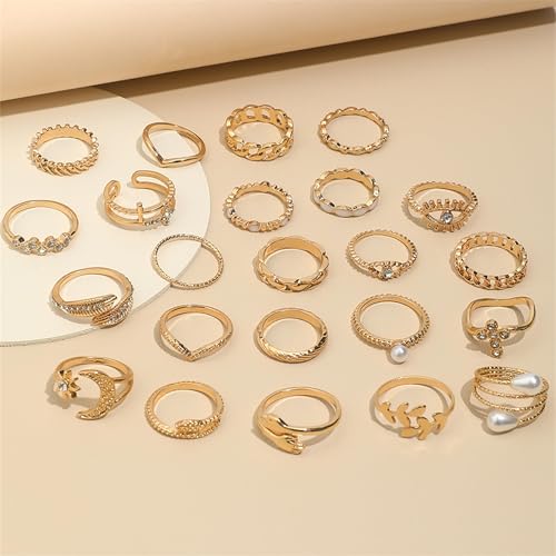 HUASAI Gold Stackable Rings Set for Women Boho Dainty Moon Star Pearl Leaf Cubic Zirconia Heart Midi Pinky Trendy Jewelry Birthday Gifts - color: H Gold 23 Pcs