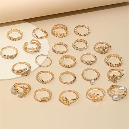 HUASAI Gold Stackable Rings Set for Women Boho Dainty Moon Star Pearl Leaf Cubic Zirconia Heart Midi Pinky Trendy Jewelry Birthday Gifts - color: H Gold 23 Pcs