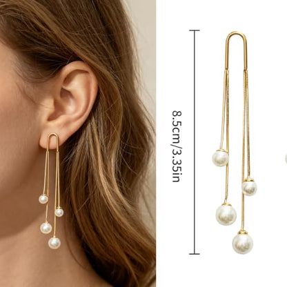 Pearl Dangle Earrings for Women, 14K Gold Plated, Long Tassel Drop Style, Trendy Fashion Jewelry - color: Gold