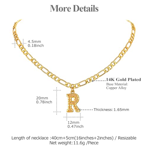 14K Gold Plated Initial Necklaces for Women Men A-Z Letter Necklaces | Figaro Chain, 16"+2" Adjustable Length, with Gift Box - style: R