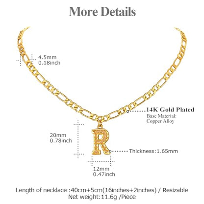 14K Gold Plated Initial Necklaces for Women Men A-Z Letter Necklaces | Figaro Chain, 16"+2" Adjustable Length, with Gift Box - style: R