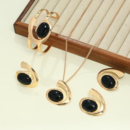 Gold Jewelry Set Vintage Spiral With Oval Black Acrylic Pendant Necklace Earrings Bracelet Ring Set Bohemian Trendy Party Jewelry For Women - style: C